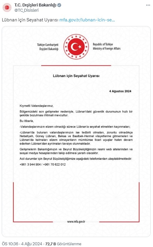 Disisleri Bakanliginin Lubnana Seyahat Uyarisi Dikkat Cekti-1