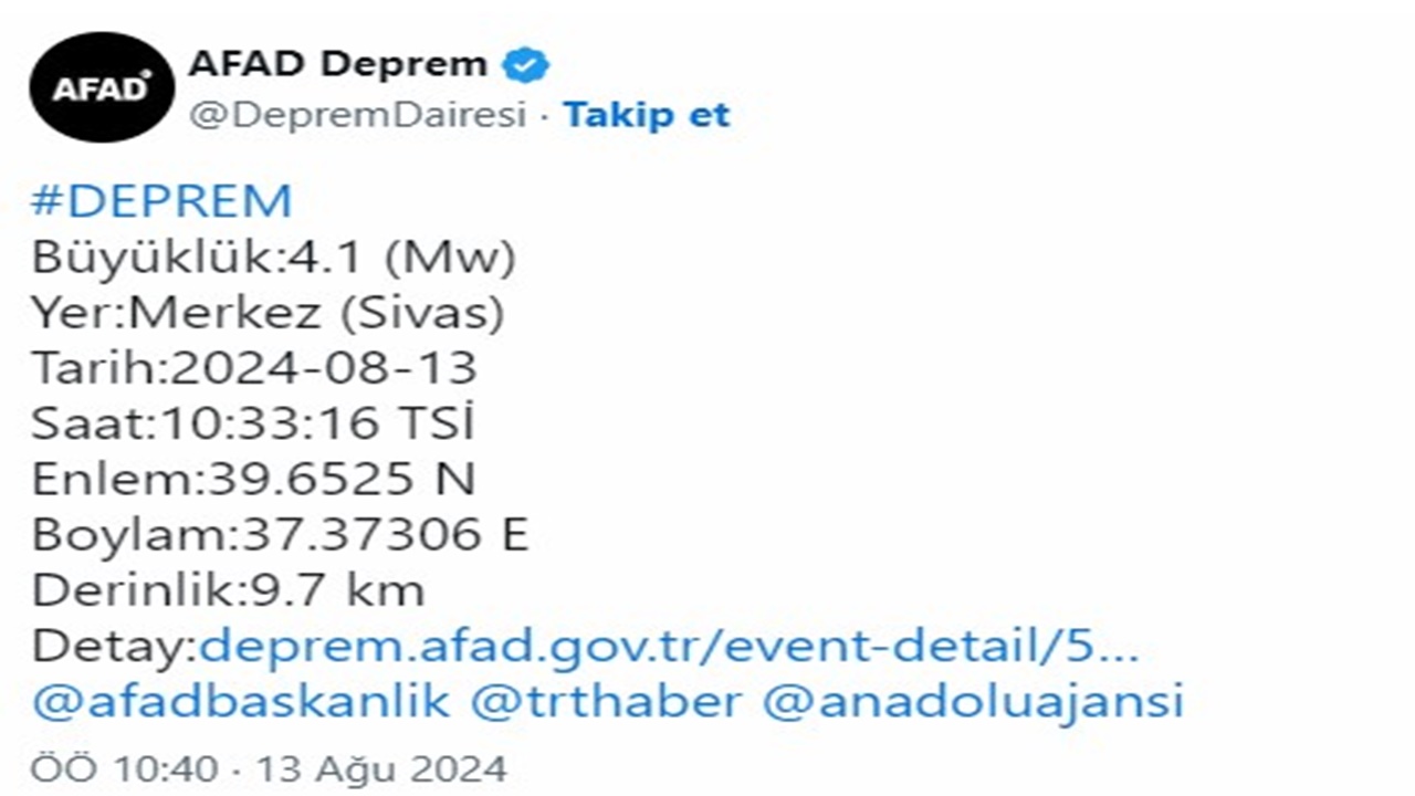 Son Dakika Sivasta Deprem Afad Son Depremler 13 Agustos-2